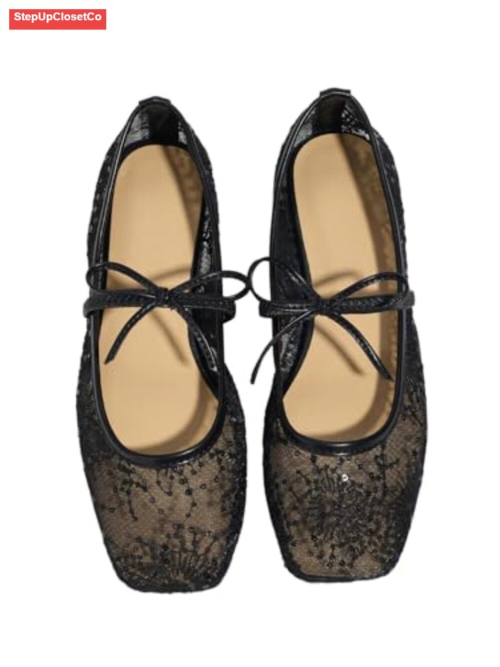 Lace Mesh Ballet Flats Women's Square Toe Mary Jane Dress Shoes